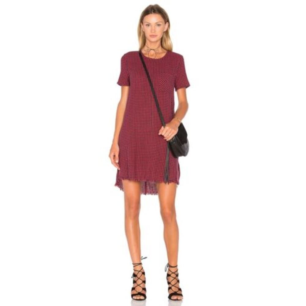 Current/Elliott Buffalo Check Mini Shift Dress Dress Fringe Hem Red Blue Size 2 - Picture 2 of 11